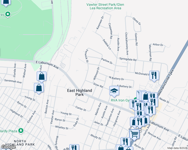 map of restaurants, bars, coffee shops, grocery stores, and more near 4012 Wilmont Drive in Richmond