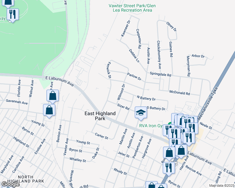 map of restaurants, bars, coffee shops, grocery stores, and more near 4008 Wilmont Drive in Richmond