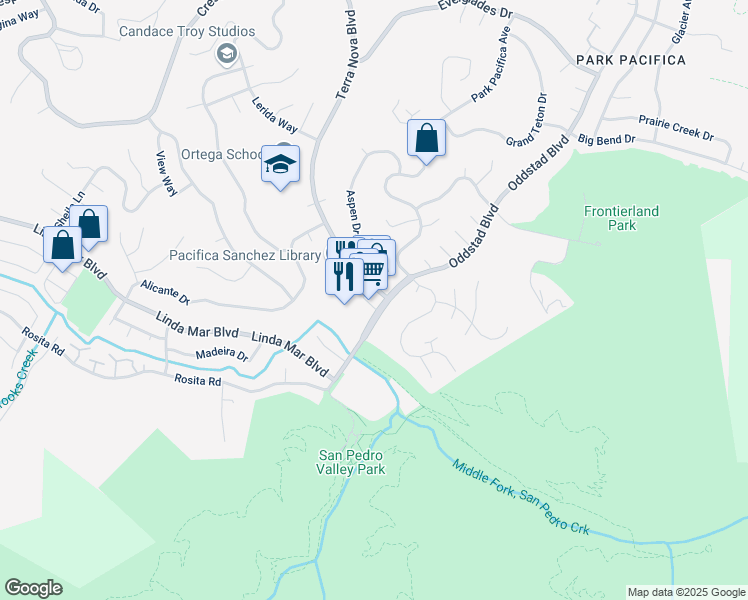 map of restaurants, bars, coffee shops, grocery stores, and more near 1005 Terra Nova Boulevard in Pacifica