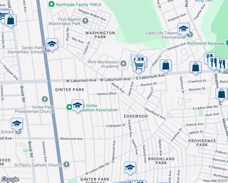map of restaurants, bars, coffee shops, grocery stores, and more near 410 Henrico Boulevard in Richmond