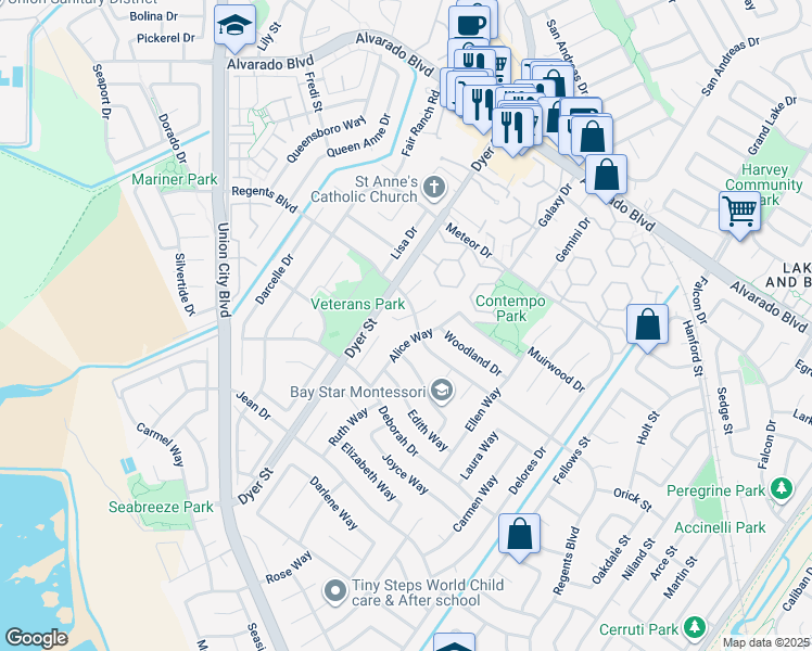 map of restaurants, bars, coffee shops, grocery stores, and more near 4506 Birchwood Ct in Union City