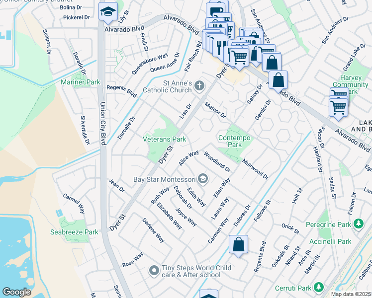 map of restaurants, bars, coffee shops, grocery stores, and more near 4506 Birchwood Court in Union City
