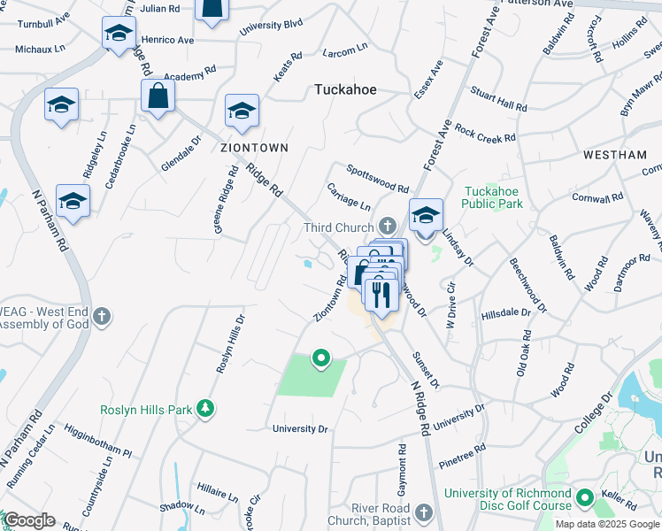 map of restaurants, bars, coffee shops, grocery stores, and more near 8141 Greystone East Circle in Henrico