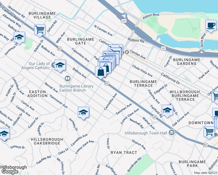 map of restaurants, bars, coffee shops, grocery stores, and more near 1140 California 82 in Burlingame