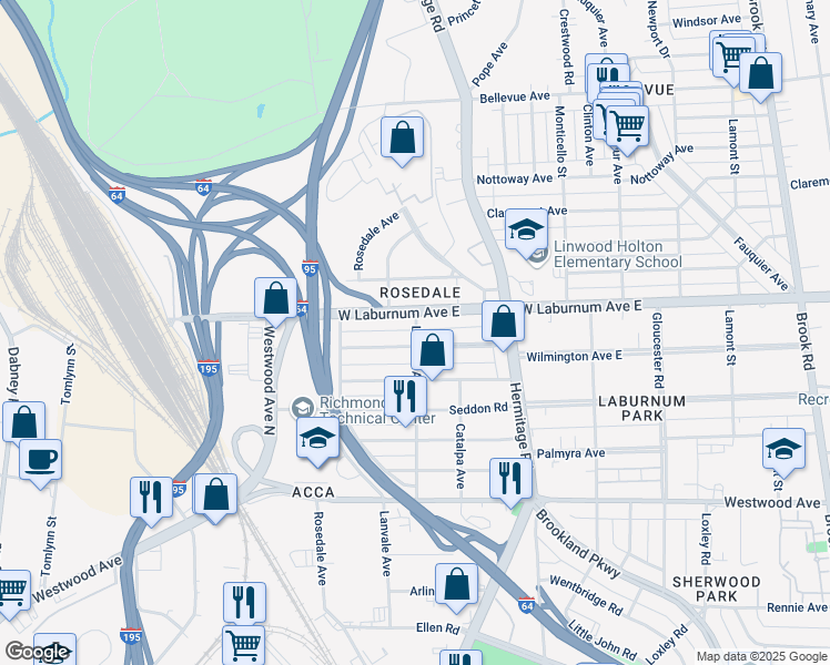 map of restaurants, bars, coffee shops, grocery stores, and more near in Richmond