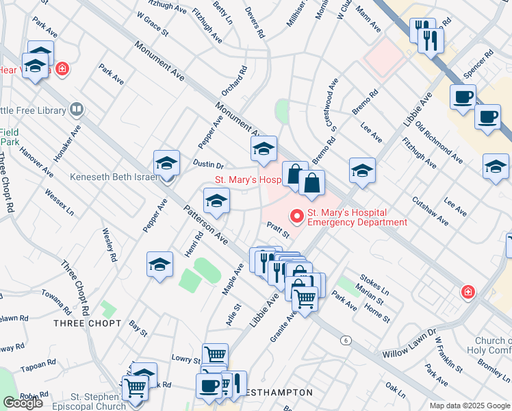 map of restaurants, bars, coffee shops, grocery stores, and more near 1305 Maple Avenue in Richmond