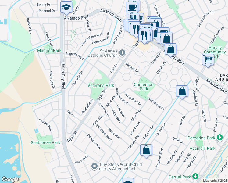 map of restaurants, bars, coffee shops, grocery stores, and more near 4506 Birchwood Court in Union City