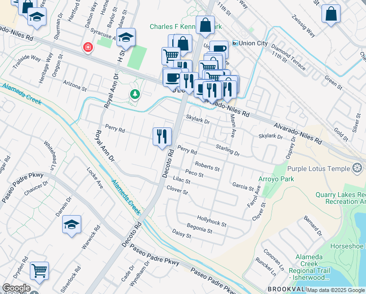 map of restaurants, bars, coffee shops, grocery stores, and more near 34768 Perry Road in Union City