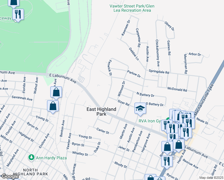 map of restaurants, bars, coffee shops, grocery stores, and more near 4009 Fenwick Street in Richmond