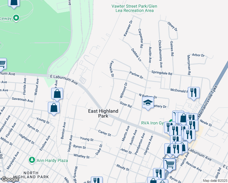 map of restaurants, bars, coffee shops, grocery stores, and more near 4009 Fenwick Street in Richmond