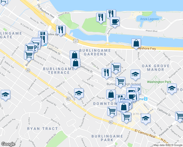 map of restaurants, bars, coffee shops, grocery stores, and more near 806 Edgehill Drive in Burlingame