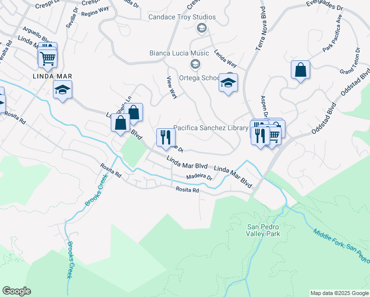 map of restaurants, bars, coffee shops, grocery stores, and more near 1264 Alicante Drive in Pacifica