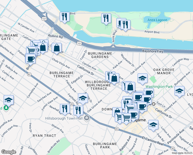 map of restaurants, bars, coffee shops, grocery stores, and more near 827 California Drive in Burlingame