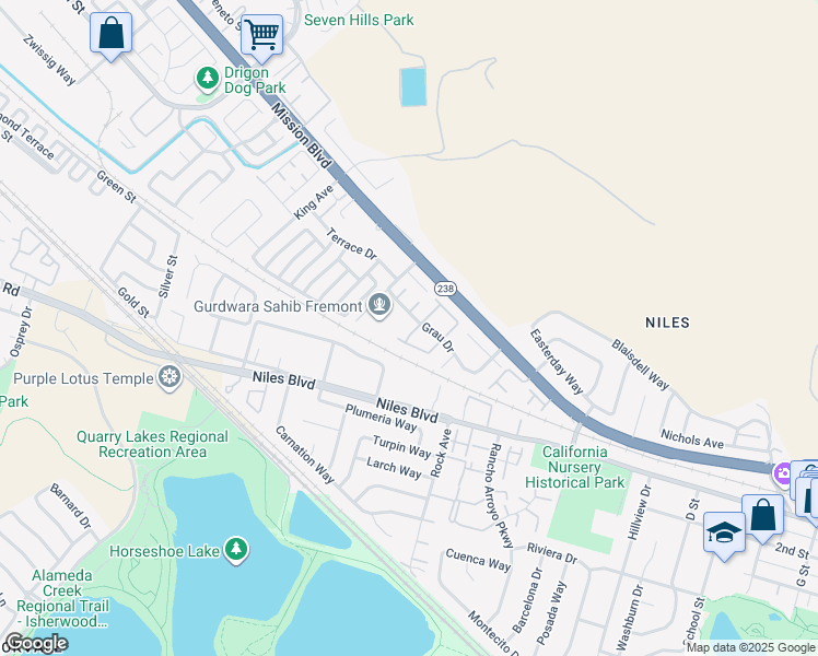 map of restaurants, bars, coffee shops, grocery stores, and more near 239 Kerry Common in Fremont
