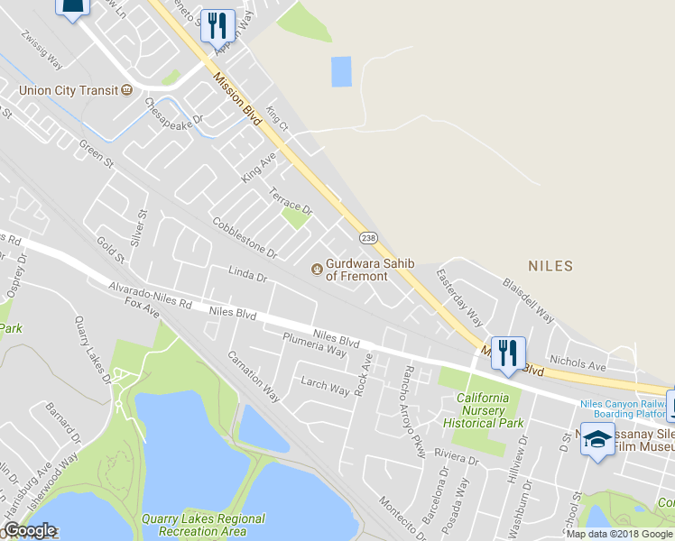 map of restaurants, bars, coffee shops, grocery stores, and more near 239 Kerry Common in Fremont
