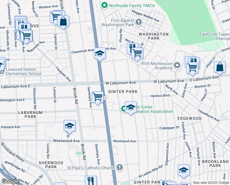 map of restaurants, bars, coffee shops, grocery stores, and more near 3612 Hawthorne Avenue in Richmond