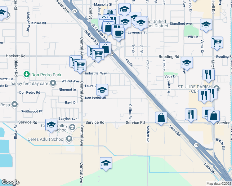 map of restaurants, bars, coffee shops, grocery stores, and more near 2378 Laurel Court in Ceres