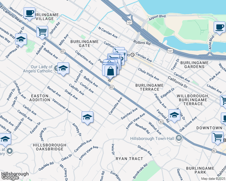 map of restaurants, bars, coffee shops, grocery stores, and more near 1140 California 82 in Burlingame
