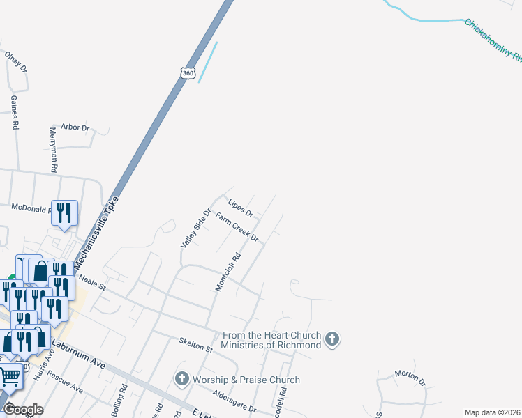 map of restaurants, bars, coffee shops, grocery stores, and more near 4217 Lipes Court in Richmond