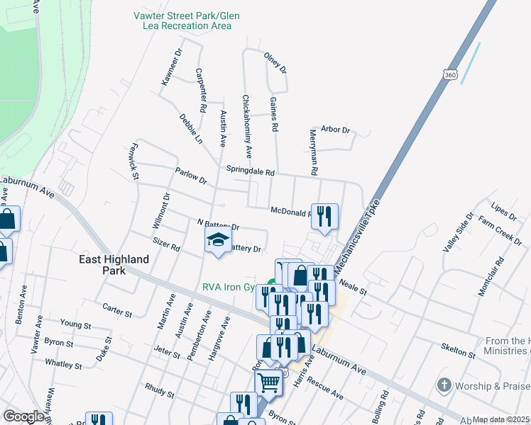 map of restaurants, bars, coffee shops, grocery stores, and more near 1963 McDonald Road in Richmond