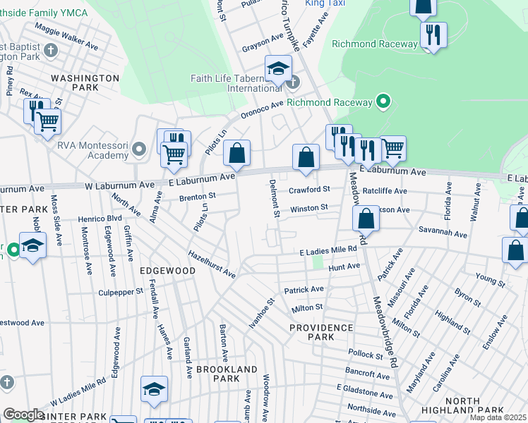 map of restaurants, bars, coffee shops, grocery stores, and more near 3905 Delmont Street in Richmond