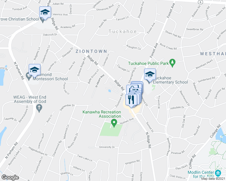 map of restaurants, bars, coffee shops, grocery stores, and more near 8110 Greystone East Circle in Richmond
