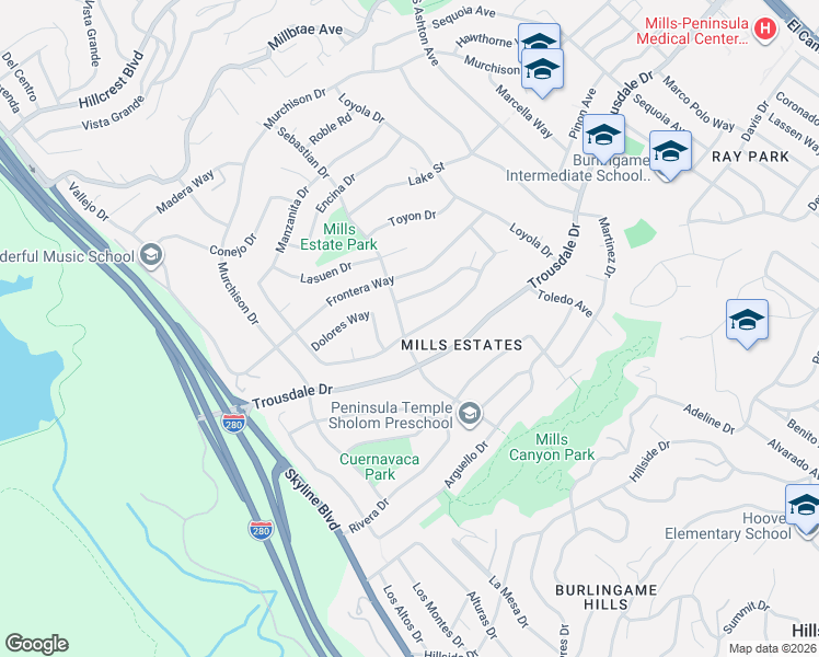 map of restaurants, bars, coffee shops, grocery stores, and more near 2852 Mariposa Drive in Burlingame
