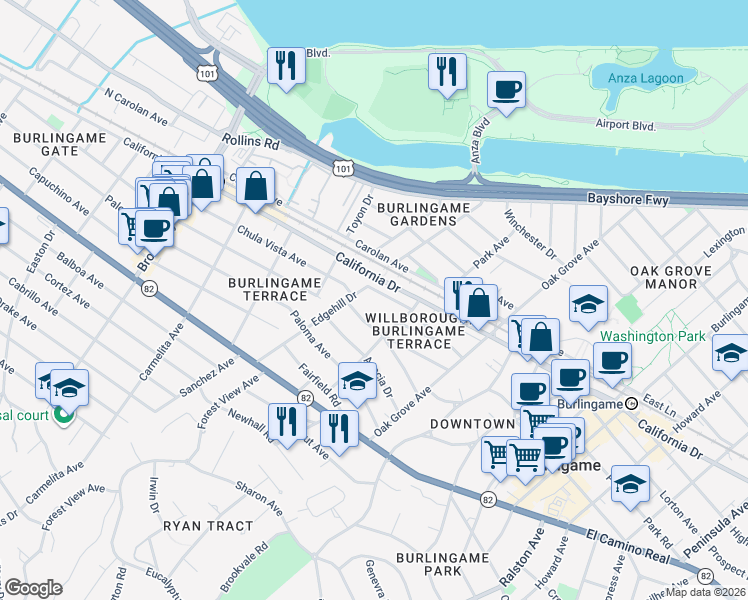 map of restaurants, bars, coffee shops, grocery stores, and more near 1100 Edgehill Drive in Burlingame