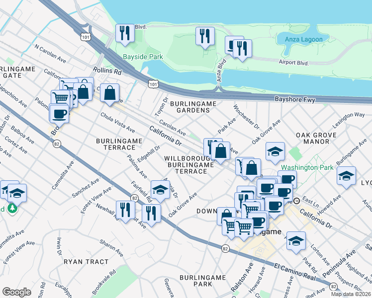 map of restaurants, bars, coffee shops, grocery stores, and more near 827 California Drive in Burlingame