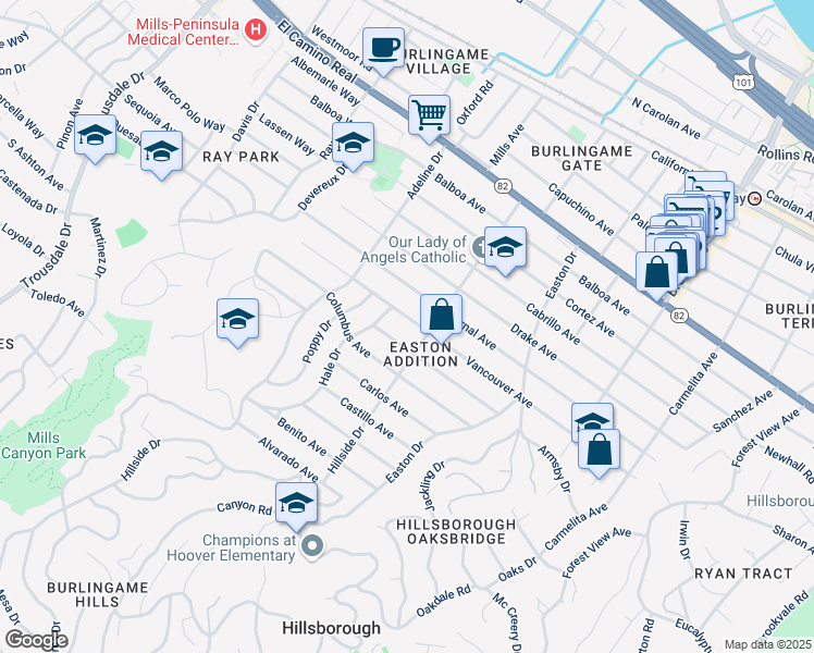 map of restaurants, bars, coffee shops, grocery stores, and more near 1415 Vancouver Avenue in Burlingame