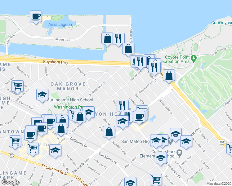 map of restaurants, bars, coffee shops, grocery stores, and more near Howard Avenue & Stanley Road in Burlingame