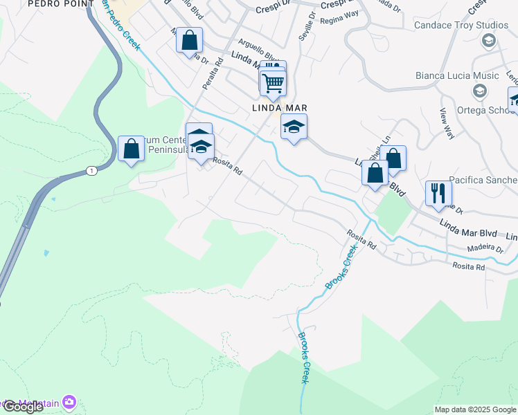 map of restaurants, bars, coffee shops, grocery stores, and more near 1037 Monte Verde Drive in Pacifica