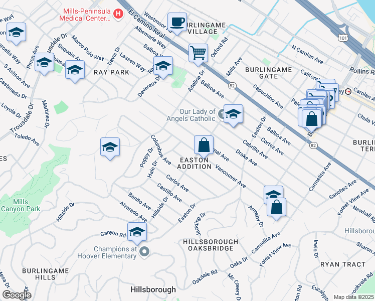 map of restaurants, bars, coffee shops, grocery stores, and more near 1415 Vancouver Avenue in Burlingame