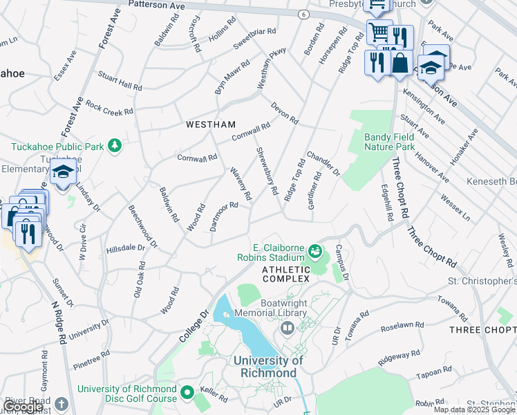 map of restaurants, bars, coffee shops, grocery stores, and more near 401 Horsepen Road in Richmond