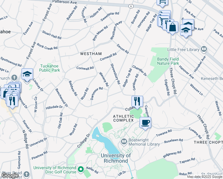 map of restaurants, bars, coffee shops, grocery stores, and more near 401 Horsepen Road in Richmond
