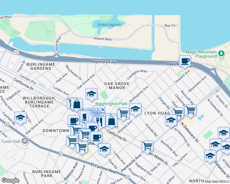 map of restaurants, bars, coffee shops, grocery stores, and more near 733 Lexington Way in Burlingame