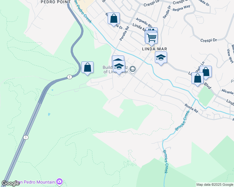 map of restaurants, bars, coffee shops, grocery stores, and more near 1580 Higgins Way in Pacifica