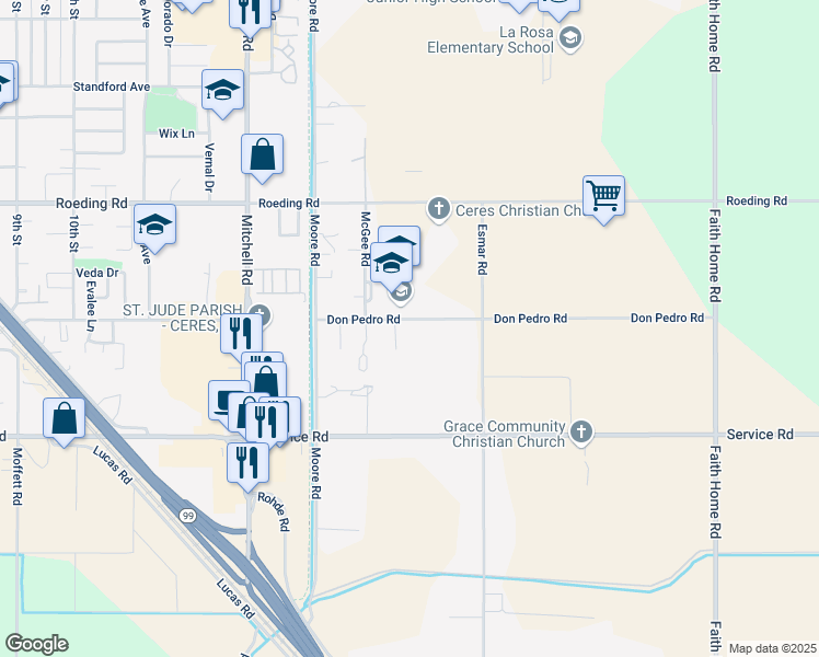 map of restaurants, bars, coffee shops, grocery stores, and more near 3460 Don Pedro Road in Ceres
