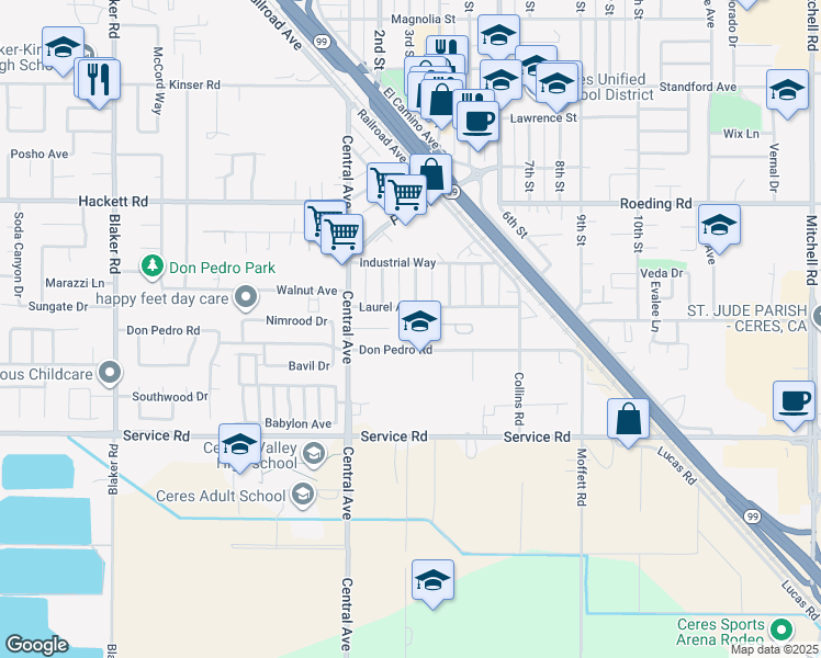 map of restaurants, bars, coffee shops, grocery stores, and more near 2306 Laurel Avenue in Ceres