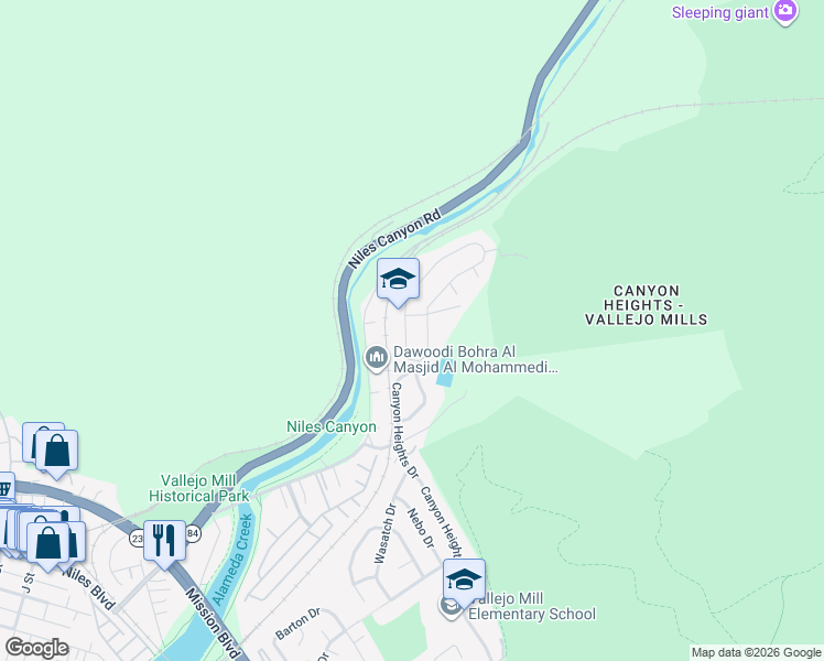 map of restaurants, bars, coffee shops, grocery stores, and more near 38061 Canyon Heights Drive in Fremont