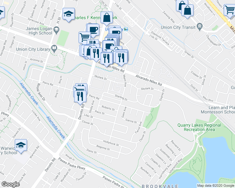 map of restaurants, bars, coffee shops, grocery stores, and more near 2263 Peacock Place in Union City