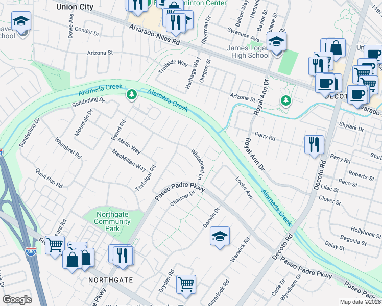 map of restaurants, bars, coffee shops, grocery stores, and more near 2887 Huxley Place in Fremont