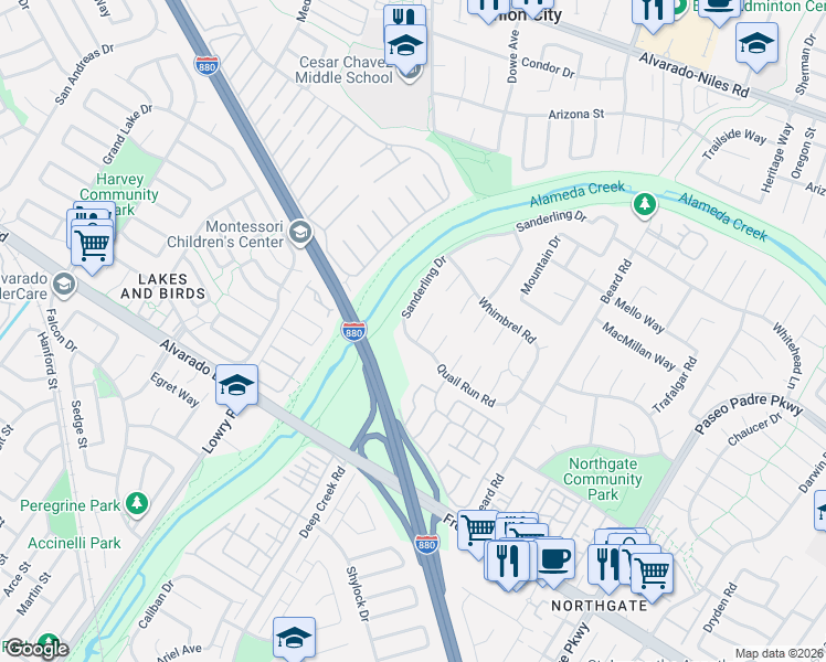 map of restaurants, bars, coffee shops, grocery stores, and more near 3421 White Pelican Place in Fremont