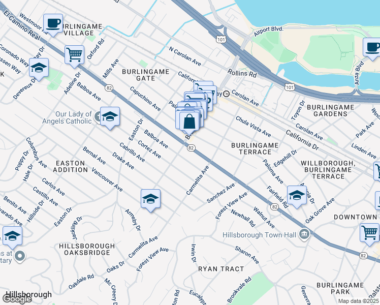 map of restaurants, bars, coffee shops, grocery stores, and more near 1140 California 82 in Burlingame