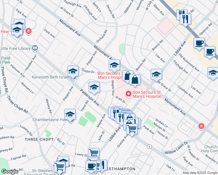 map of restaurants, bars, coffee shops, grocery stores, and more near 1305 Maple Avenue in Richmond