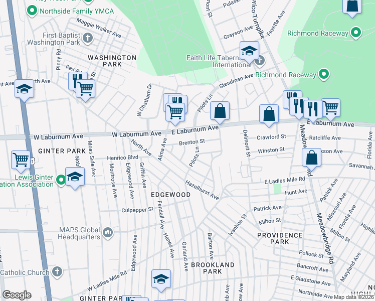 map of restaurants, bars, coffee shops, grocery stores, and more near 3616 Pilots Lane in Richmond