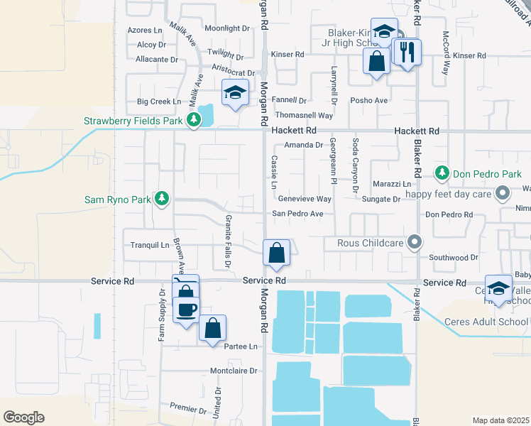 map of restaurants, bars, coffee shops, grocery stores, and more near Morgan Road & San Pedro Avenue in Ceres