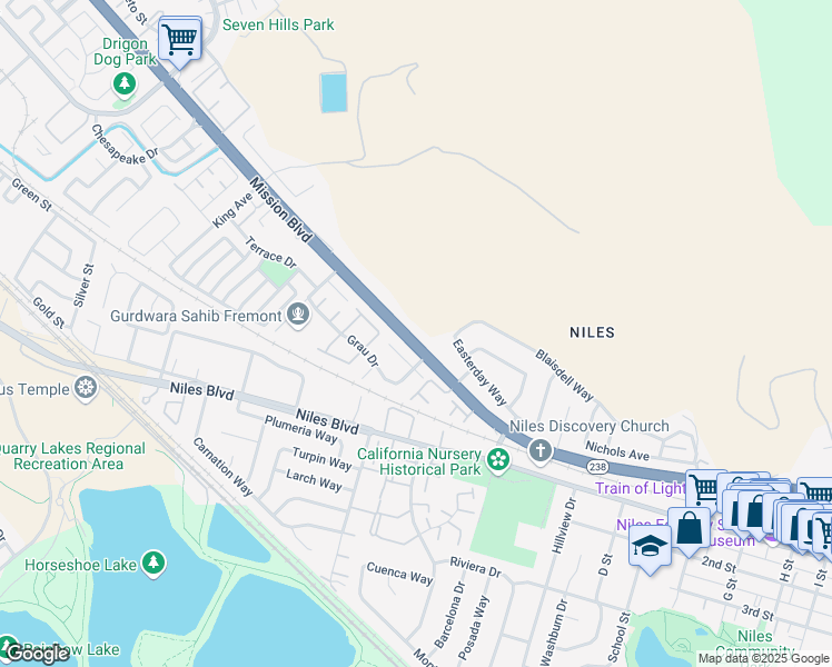 map of restaurants, bars, coffee shops, grocery stores, and more near 35986 Mission Boulevard in Fremont