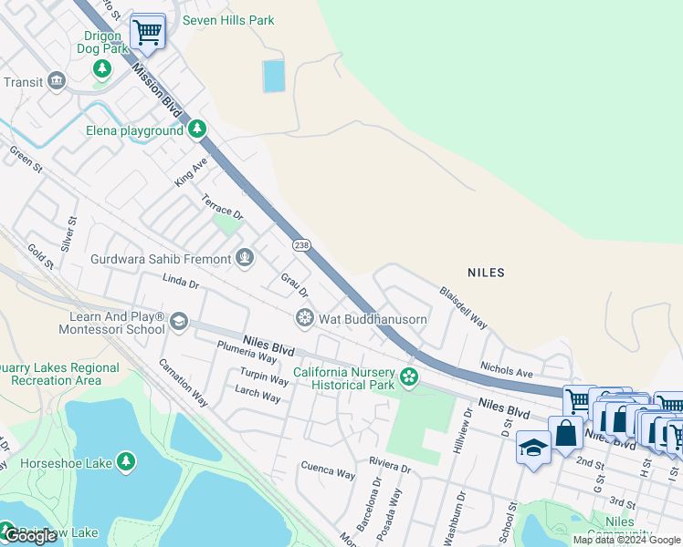 map of restaurants, bars, coffee shops, grocery stores, and more near 36032 Mission Boulevard in Fremont