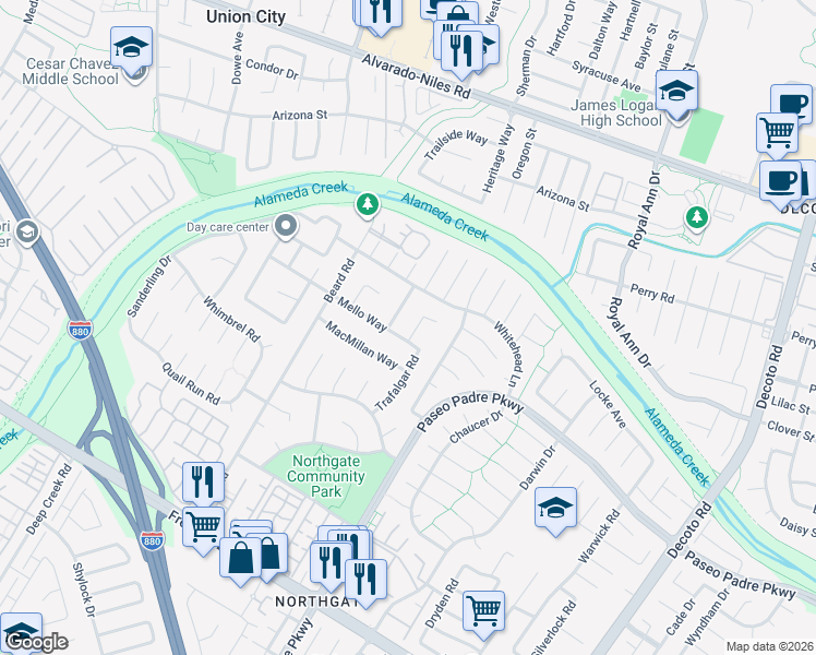 map of restaurants, bars, coffee shops, grocery stores, and more near 3091 Seymour Place in Fremont